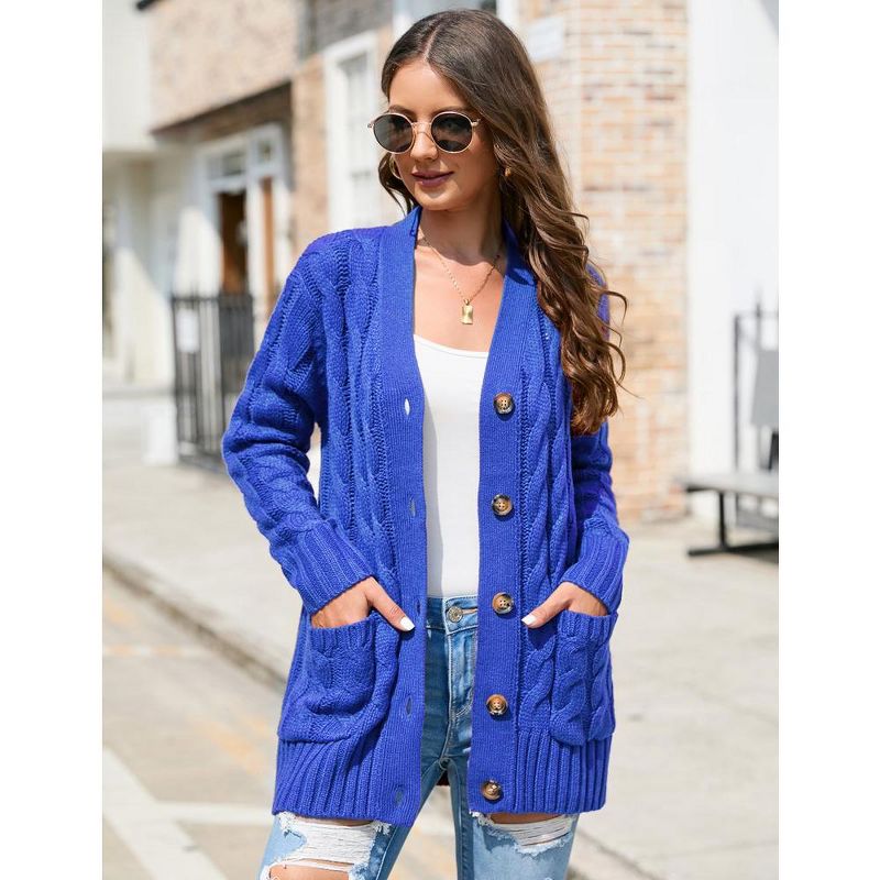 Women's Open Front Cardigan Sweater with Pockets Long Sleeve Cable Knit Button Loose Cardigan Sweater Outwear, 3 of 9
