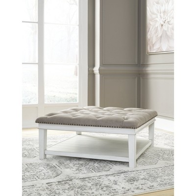 Whitewash Square Tufted Cocktail Ottoman with Lower Shelf