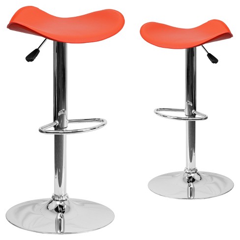 Emma and Oliver 2 Pack Contemporary Orange Vinyl Adjustable Height Barstool w Wavy Seat