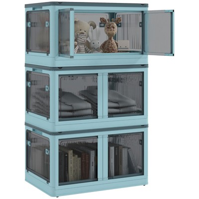 FONTOI 3PCS Stackable Storage Bins with Lids, Collapsible Multi-functional Storage Cabinet with Wheels, Blue, 16.5"*13.5"*23.5"
