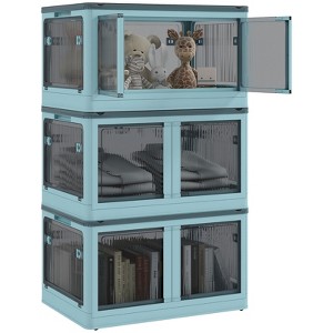FONTOI 3PCS Stackable Storage Bins with Lids, Collapsible Multi-functional Storage Cabinet with Wheels, Blue, 16.5"*13.5"*23.5" - 1 of 4