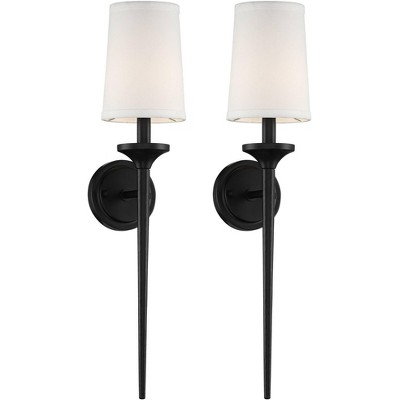 Regency Hill Ferris Vintage Wall Sconces Set of 2 Black Hardwire 5 1/4" Fixture White Linen Tapering Cylinder Shade for Bedroom