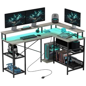 59" L Shaped Desk with Storage, Corner Desk with LED Lights and Power Outlets for Home Office, Small Space - 1 of 4