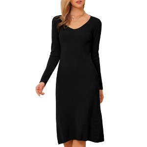 INSPIRE CHIC Women's V Neck Long Sleeve Ribbed Knit Midi Sweater Dresses - 1 of 4