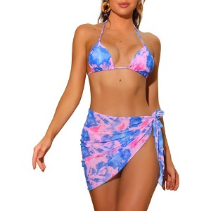 INSPIRE CHIC Women's Dye Halter Tie Triangle Swimsuits Sarong Cover Ups Beach Skirt Bikini 1 Set - 1 of 4