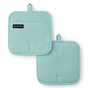 KITCHENAID Gourmet Series Gridlines Pot Holders 2-Pack Set, Heat Resistant up to 600°F, Soft Silicone Grip, Magnetic Cuff, Mineral Water Aqua, 8"x8" - 1 of 4
