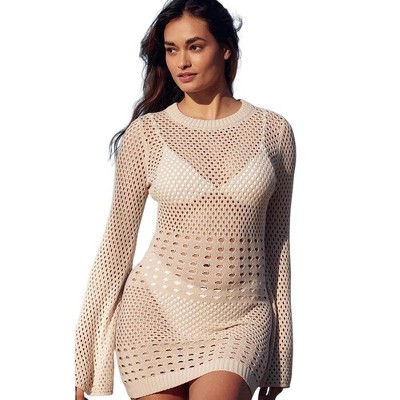 Womens Bell Sleeve Cover Ups for Bathing Suits Crochet Knit Crew Neck Sheer Dress