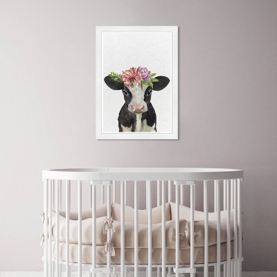 Gray and White Floral Cow Animals Framed Wall Art, 13" x 19"