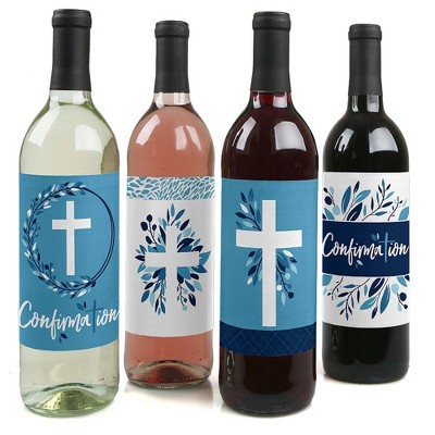 Big Dot of Happiness Confirmation Blue Elegant Cross - Boy Religious Party Decorations for Women and Men - Wine Bottle Label Stickers - Set of 4