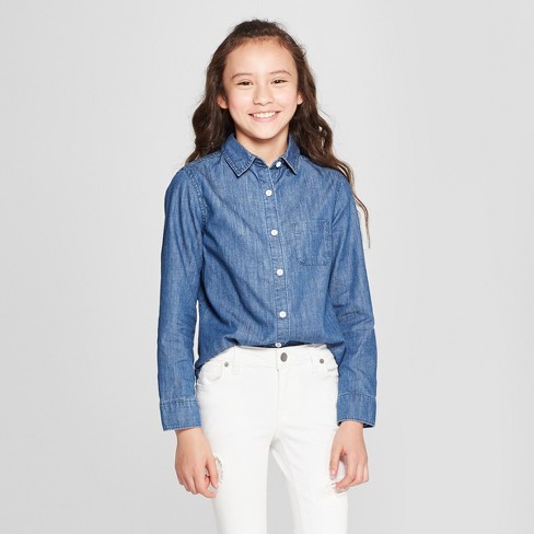 Girls' Denim Long Sleeve Button-Down Shirt - Cat & Jack™ Medium Wash M :  Target