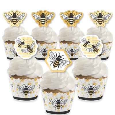Big Dot of Happiness Little Bumblebee - Cupcake Decoration - Bee Baby Shower or Birthday Party Cupcake Wrappers and Treat Picks Kit - Set of 24