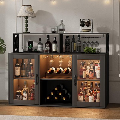 Wine Bar Cabinet with Wine Rack, Coffee Bar Cabinet with Glass Holder, 47" Liquor Cabinets with Power Outlet and Storage, Led Lights, Glass Door