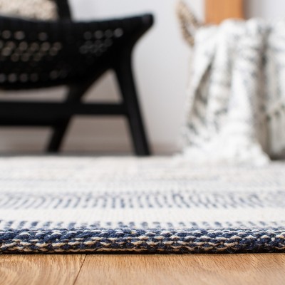 Ivory and Navy Striped Flat Woven Wool Cotton Area Rug