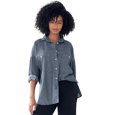 ellos Plus Size Oversized Button-Front Denim Shirt