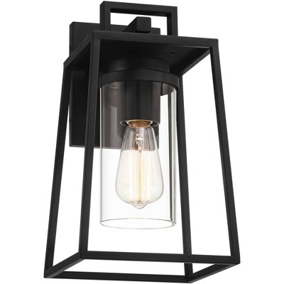 Possini Euro Design Jersey 14 1/2" High Modern Outdoor Wall Light Fixture Mount Porch House Exterior Weatherproof Matte Black Metal Clear Glass Shade