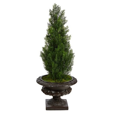 3.5' Indoor/Outdoor Mini Cedar Artificial Pine Tree in Urn Iron/Green - Nearly Natural