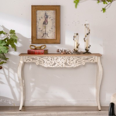 43" Antique White Console Table,French Country Entryway Table with Carved Wood Details and Curved Legs for Hallway or Living Room-Baofuwish