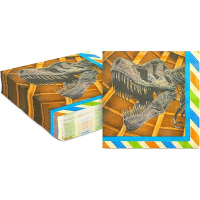 Blue Panda 150 Pack T-Rex Napkins for Kids Dinosaur Birthday Party, Stripes (6.5 x 6.5 In)