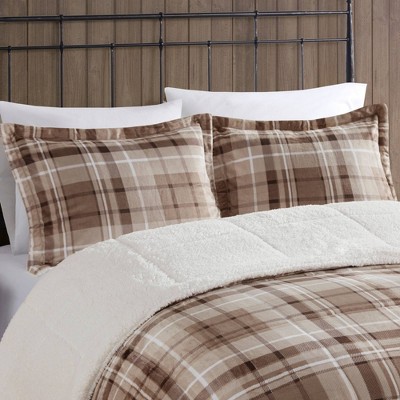 Queen Tan Plaid Down Alternative Comforter Set with Shams