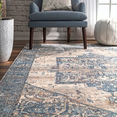 Light Blue Vintage Medallion Fringe Easy-Care Runner Rug
