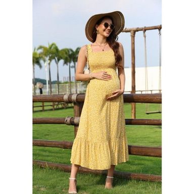Coolmee Women's Maternity Dress Boho Spaghetti Strap Square Neck Dress  Floral Casual Ruffle Nursing Maxi Dress Baby Shower X-Large Yellow Floral :  Target
