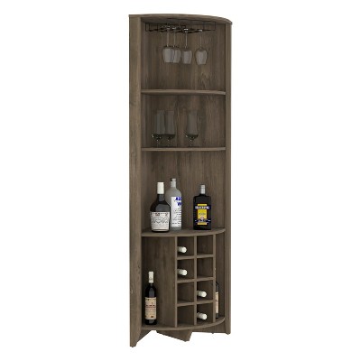 Depot E-Shop Corner Bar Cabinet, Three Shelves, Eight Built-in Wine Rack, Two Side Shelves