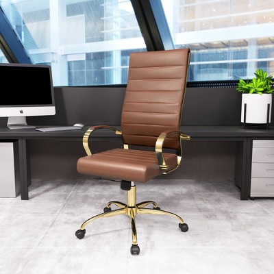 Benmar High-Back Brown Leather Swivel Office Chair with Gold Frame