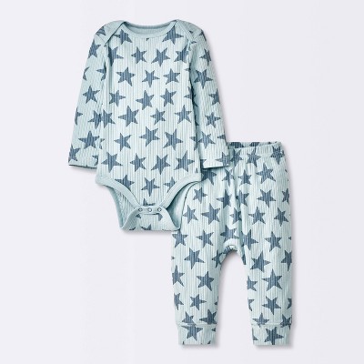 Baby 2pc Stars Wide Ribbed Top & Bottom Set - Cloud Island™ Blue 0-3M