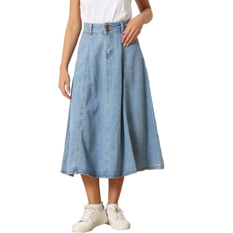Allegra K Women's Long High Rise Button Front A-line Classic Jean Skirts, 1 of 6