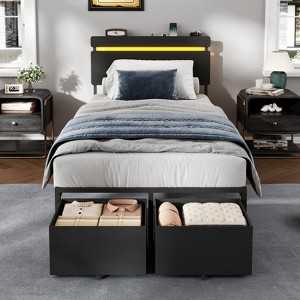 Twin Bed Frame with Wood Headboard Metal Platform Bed with 2 Storage Drawers Shelf Built-in Charging Station LED Lights No Box Spring Needed Black - 1 of 4