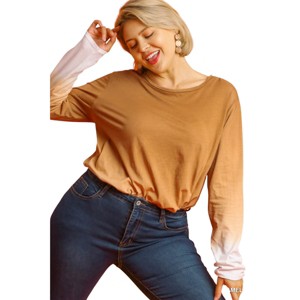 Slickblue Plus Size Long Sleeve Cotton Top, Ombre Print with Raw Hem and Front Gathering, Camel/Red, XL-2XL - 1 of 4