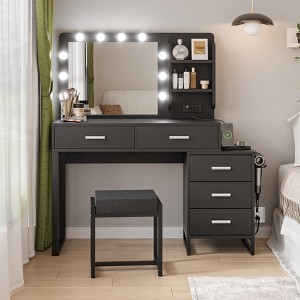 Gulches 47" Vanity Desk with Lights, Makeup Vanity Set with Charging Station, Dressing Table with 5 Drawers and Cabinet, Vanity Mirror , Black - 1 of 4