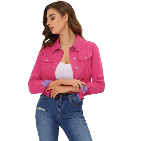 Allegra K Women's Slim Fit Button Down Long Sleeves Casual Cropped Jean  Jacket Peach Pink Medium