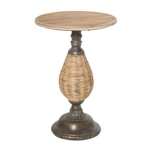 Farmhouse Metal Woven Pedestal Accent Table Brown - Olivia & May: No Assembly, Round Wood Top - 1 of 4