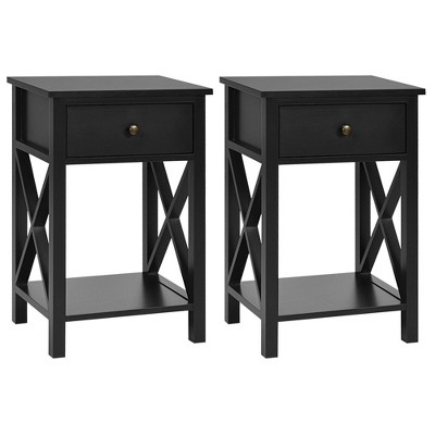 Costway Set of 2 Nightstand Sofa Side End Table X-Design w/ Shelf Drawer Black