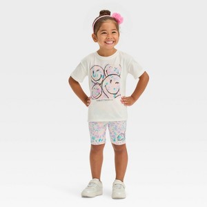 Toddler Girls' SmileyWorld 2pc Short Sleeve T-Shirt and Biker Shorts Set - White - 1 of 4