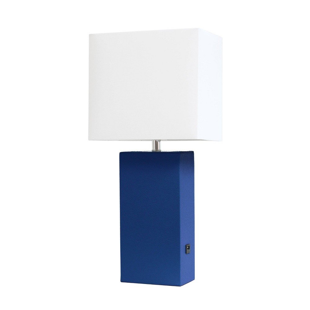 Photos - Floodlight / Garden Lamps Modern Leather Table Lamp with USB and Fabric Shade Blue - Elegant Designs