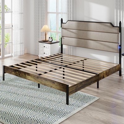 TiramisuBest King Size Bed Frame with Upholstered Headboard - Brown MDF+Metal Design