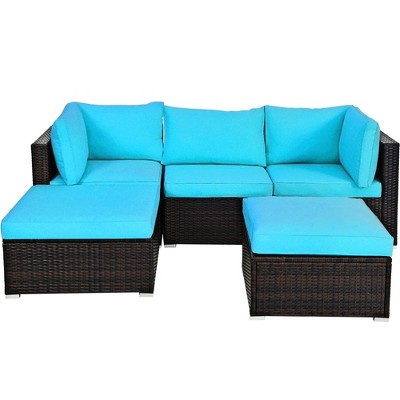 Tangkula 5PCS Cushioned Rattan Patio Conversation Set Outdoor Furniture Set w/ Ottoman