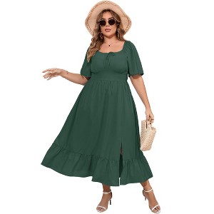 YESFASHION Womens Plus Size Square Neck Floral Print Summer Dress Ruffle Short Sleeve Tie Front Slit Hem Boho Maxi Dress - 1 of 4