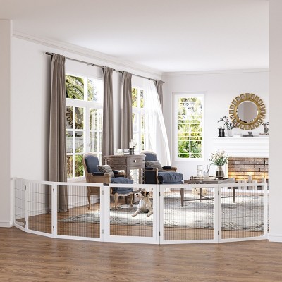LAOTIES 170" Freestanding Foldable Wooden Pet Gate with Door,6 Panel Dog Barrier with Support Feet for Stairs,Doorways