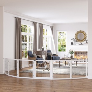 LAOTIES 170" Freestanding Foldable Wooden Pet Gate with Door,6 Panel Dog Barrier with Support Feet for Stairs,Doorways - 1 of 4