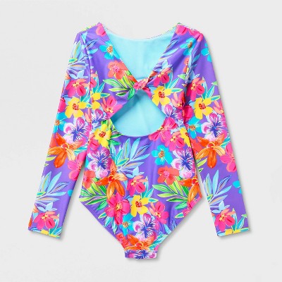 Cat & Jack Girls' Floral Long Sleeve One Piece Swimsuit - Cat & Jack™ Purple S — фото 3