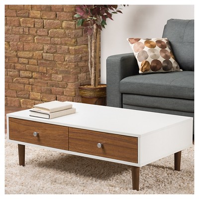 Gemini 38'' White and Walnut Contemporary Coffee Table with Storage