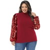 Anna-Kaci Women's Plus Size Sequin Sweatshirt Mock Neck Pullover Long Lantern Sleeve Glitter Party Tops - 2 of 4