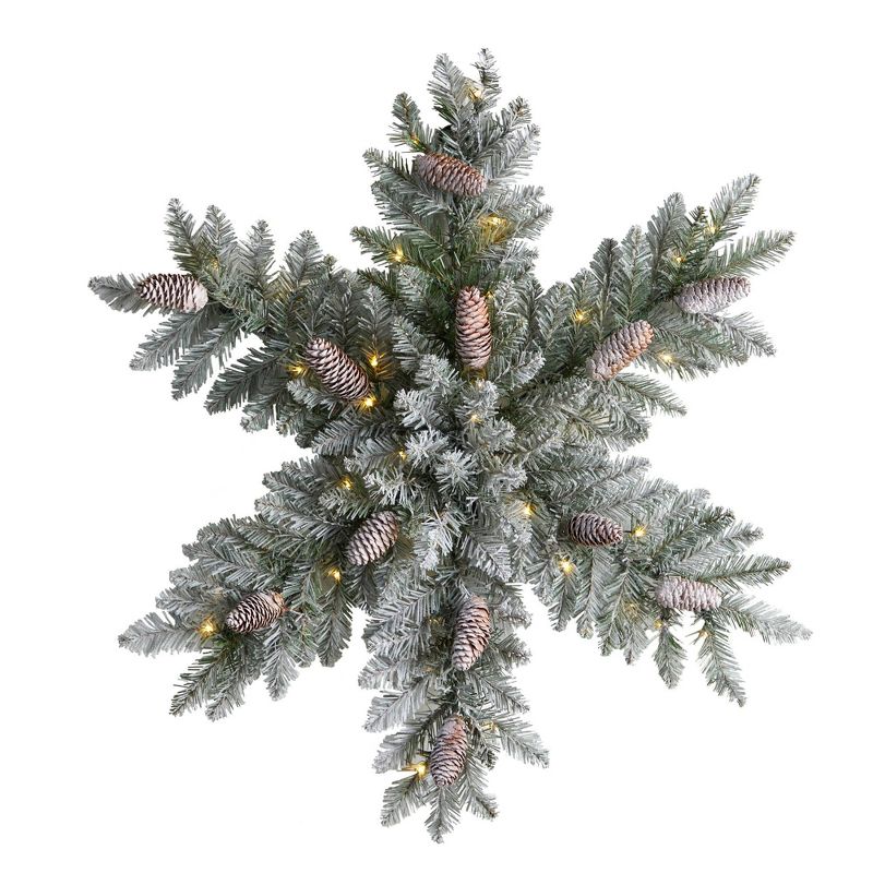 Nearly Natural 30&#34; Pre-lit LED Flocked Dunhill Fir Snowflake Artificial Christmas Wreath with Pinecones Green with Warm White Lights, 1 of 8