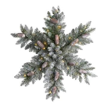 Nearly Natural 30" Pre-lit LED Flocked Dunhill Fir Snowflake Artificial Christmas Wreath with Pinecones Green with Warm White Lights
