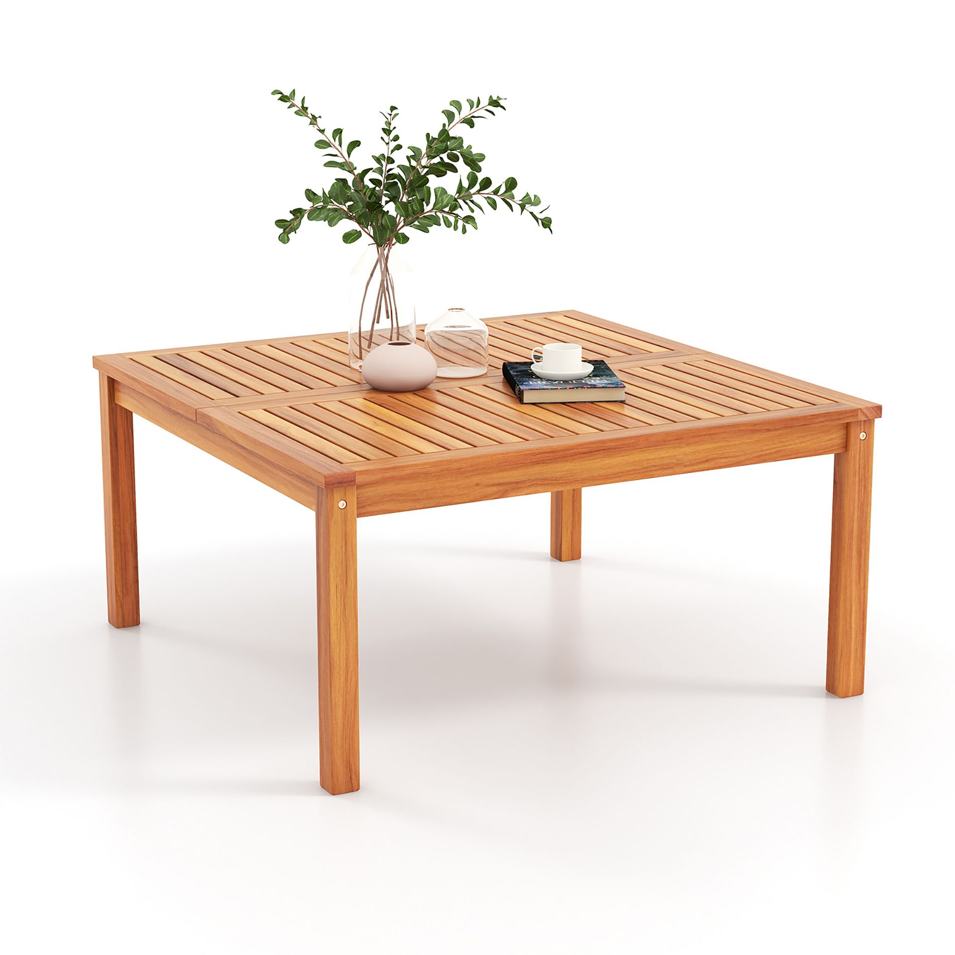 Tangkula Outdoor Coffee Table w/ Slatted Tabletop Small Outside Table Square Patio Table