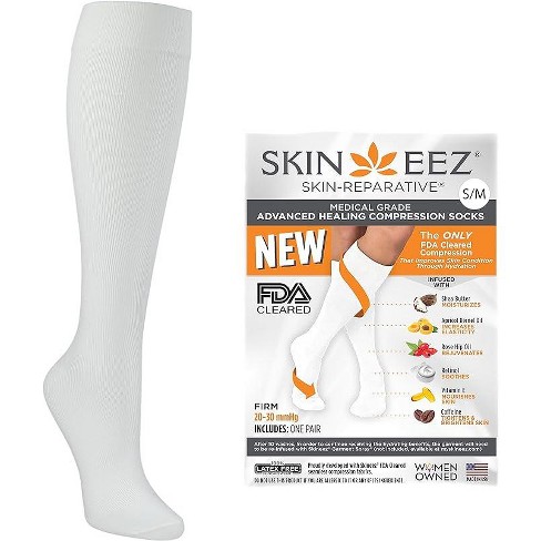 Skineez Medical Grade Advanced Healing Compression Socks 20-30mmHg,  Clinically Proven to Firm and Revitalize Skin, White, Small/Medium, 1 Pair