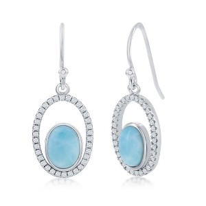 Caribbean Treasures Sterling Silver Oval Larimar with CZ Earrings - Blue - 1 of 2